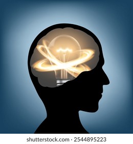 Silhouette of a human head with a glowing light bulb inside. Motivation concept. Stock vector illustration
