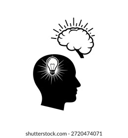 Eine Silhouette eines menschlichen Kopfes mit einer Glühbirne im Inneren, die eine Idee oder Inspiration symbolisiert. Ein stilisiertes Gehirn ist oben gezeigt.