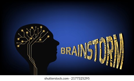 Silhouette of human head with golden digital brain and word brainstorm from the mouth on dark blue background. Concept of finding new solutions and answers to questions. Vector illustration.