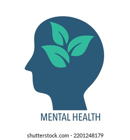 Silueta de cabeza humana con hojas verdes dentro. Ilustración vectorial del concepto de salud mental. Terapia y tratamiento psicológico. Día mundial de la salud mental.