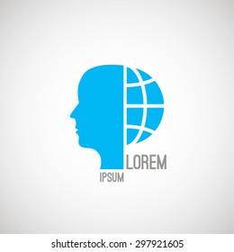 Silhouette of the human head and a half the globe. Futuristic logo. Vector element of graphic design