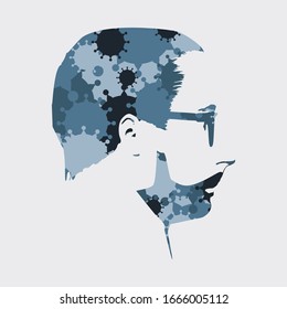 Silhouette of a human head. Health relative brochure, report or leaflet design template. Scientific medical designs. Virus outbreak concept. Group of viruses on backdrop. Double exposure effect