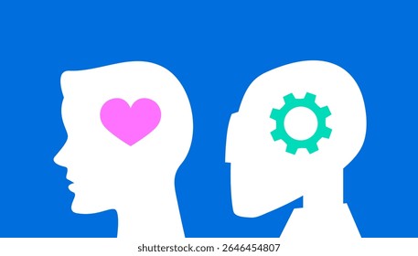 Silhouette of human head with heart inside and robot head with gear. Difference between a human and an AI. Man with feelings and soul. Unfeeling robot. Creative and technological approach to work