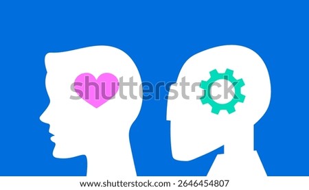Silhouette of human head with heart inside and robot head with gear. Difference between a human and an AI. Man with feelings and soul. Unfeeling robot. Creative and technological approach to work