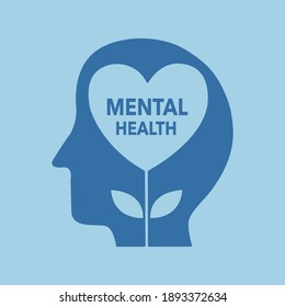 Silhouette of human head with heart shape  flower inside. Mental health concept vector illustration. Psychological therapy and treatment. World mental health day.