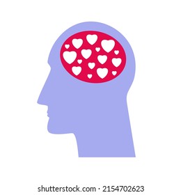Silhouette of human head with heart shapes in a brain. Mental health concept. Vector flat illustration.