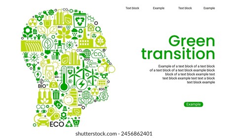 Silhouette of a human head with icons. ENERGY TRANSITION. Transition to environmentally friendly world concept.  Ecology infographic. Green power production.