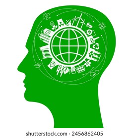 Silhouette of a human head with icons. ENERGY TRANSITION. Transition to environmentally friendly world concept.  Ecology infographic. Green power production.
