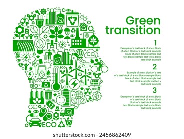 Silueta de una cabeza humana con iconos. TRANSICIÓN ENERGÉTICA. Transición al concepto de un mundo respetuoso con el medio ambiente.  Infografía de ecología. Producción de energía verde.