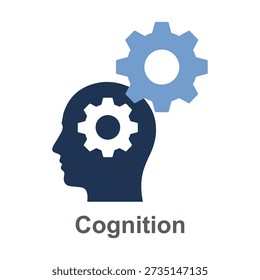 Silhouette of a human head with interlocking gears symbolizing thought processes near a larger blue gear on a white background