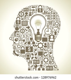 the silhouette of a human head with a lamp and small business icons