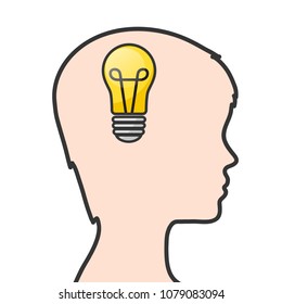 silhouette of human head with light bulb in brain place, stock vector illustration
