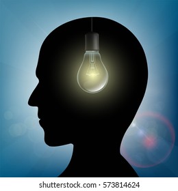 Silhouette of human head with light bulb inside. Stock vector illustration.