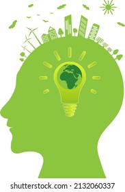 Silhouette of a human head with lightbulb inside. Earth day. Think green. Green city with renewable energy sources. Vector illustration.