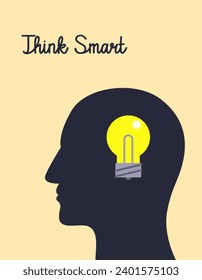 Silhouette of human head with lightbulb inside, like smart idea. Concept of brain storming process, smart, idea and creative. Vector Illustration