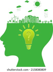 Silhouette of a human head with lightbulb. Lightbulb with sign of question inside. Earth day. Think green. Green city with renewable energy sources. Vector illustration.