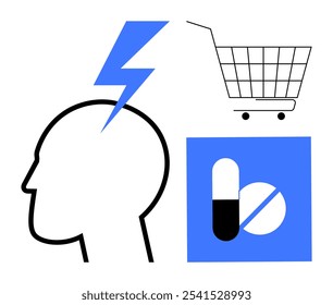 Silhouette of a human head with a lightning bolt, a shopping cart, and medicine tablets. Ideal for healthcare, e-commerce, mental health, pharmacy, and consumer behavior themes. Simple clean vector