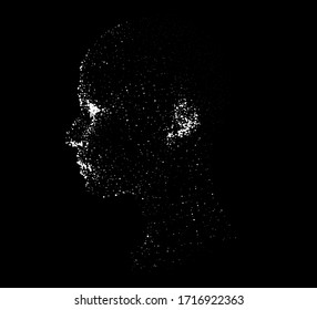 Silhouette of a human head made of dots and particles. Conceptual image of AI (artificial intelligence), VR (virtual reality), Deep Learning and Face recognition systems.