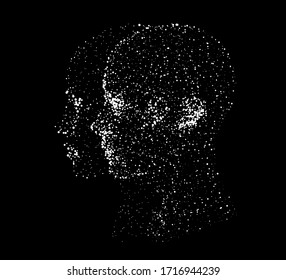 Silhouette of a human head made of dots and particles. 