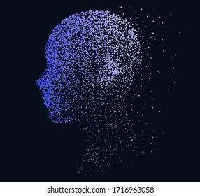 Silhouette of a human head made of dots and particles. Conceptual image of AI (artificial intelligence), VR (virtual reality), Deep Learning and Face recognition systems.