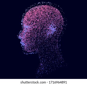 Silhouette of a human head made of dots and particles. Conceptual image of AI (artificial intelligence), VR (virtual reality), Deep Learning and Face recognition systems.