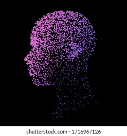 Silhouette of a human head made of dots and particles. Conceptual image of AI (artificial intelligence), VR (virtual reality), Deep Learning and Face recognition systems.