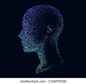 Silueta de cabeza humana hecha de puntos y partículas. Imagen conceptual de AI (inteligencia artificial), VR (realidad virtual), sistemas de reconocimiento de Enseñanza Profunda y Cara.