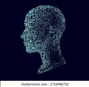 Silhouette of a human head made of dots and particles. Conceptual image of AI (artificial intelligence), VR (virtual reality), Deep Learning and Face recognition systems.