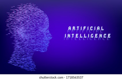 Silhouette of a human head made of dots and particles. Conceptual image of AI (artificial intelligence), VR (virtual reality), Deep Learning and Face recognition systems.