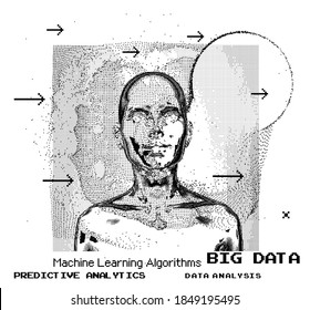 Silueta de una cabeza humana hecha de puntos y partículas. Concepto de Inteligencia Artificial y Red Neural.