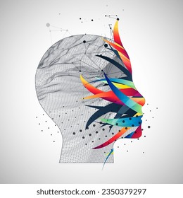 The silhouette of the human head is made with the help of  waves and plexus effect. Vector