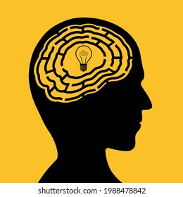 Silhouette of human head with a maze and a light bulb inside the brain. Vector illustration.