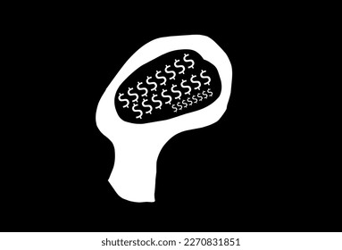 Silhouette of human head with mind full of dollar symbol, thinking about money, wealth, abundance, saving, investment, and financial freedom.
