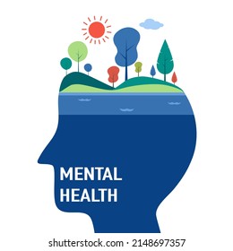 Silhouette Of Human Head With Mountain, Trees And Sun On Top. Mental Health Care Concept Vector Illustration.. Psychological Therapy And Treatment. Mind Care.