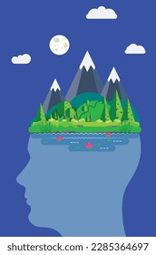 Silhouette des menschlichen Kopfes mit Bergen oben, Psychologie-Concept-Illustration.