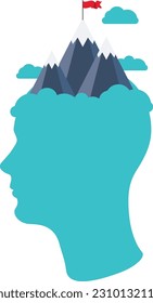 Silhouette of human head with mountains on top, psychology concept illustration.