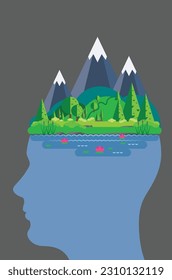 Silhouette of human head with mountains on top, psychology concept illustration.