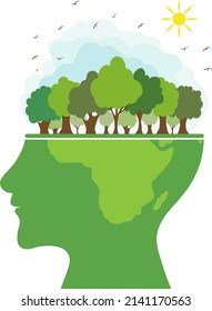 Silhouette of a human head with a natural landscape on it. Green trees, clouds and flying birds. Earth day. Think green. Vector illustration.