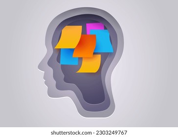 Silhouette of a human head with note stickers. Concept of memory, brainstorm, development. Vector illustration