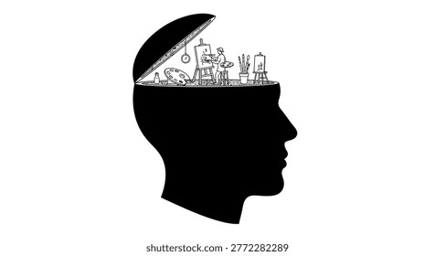 Silhouette of a human head with an open top revealing intricate mechanical gears and components, symbolizing thought and innovation.
