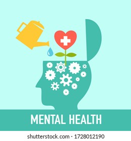 Silhouette of human head opened with gear inside and heart shape flower bloom. Mental health concept vector illustration. World mental health day. Psychological therapy and treatment.