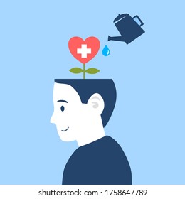 Silhouette of human head opened with heart shape flower bloom inside. Mental health concept vector illustration. World mental health day. Psychological therapy and treatment. Mind care.	