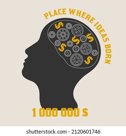 Silhouette of human head with outline gears, yellow dollar symbol, text. Concept of generation of ideas to make money and importance of human resource. Can be used for AI concept. Steampunk style.