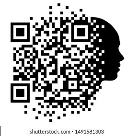 Silhouette of human head, pixel art, square mosaic and qr code