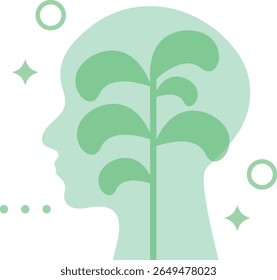 Silhouette eines menschlichen Kopfes mit einer Pflanze, die im Inneren sprießt und geistiges Wachstum, Kreativität und Achtsamkeit symbolisiert, umgeben von abstrakten dekorativen Elementen und Sternen