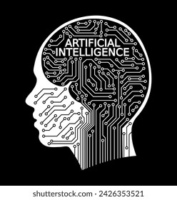 Silhouette of human head and printed circuit, Artificial Intelligence