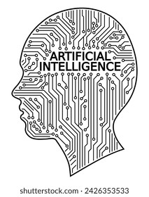 Silhouette of human head and printed circuit, Artificial Intelligence