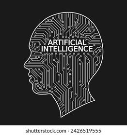 Silhouette of human head and printed circuit, Artificial Intelligence