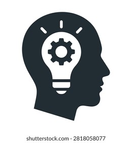 A silhouette of a human head in profile containing a light bulb with a gear inside, symbolizing thought, innovation, and problem-solving. This graphic represents intelligence and creative ideas.