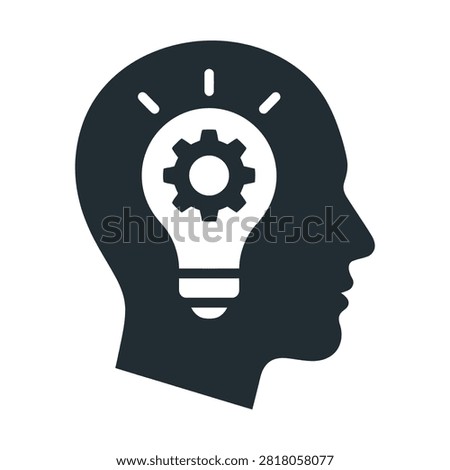 A silhouette of a human head in profile containing a light bulb with a gear inside, symbolizing thought, innovation, and problem-solving. This graphic represents intelligence and creative ideas.